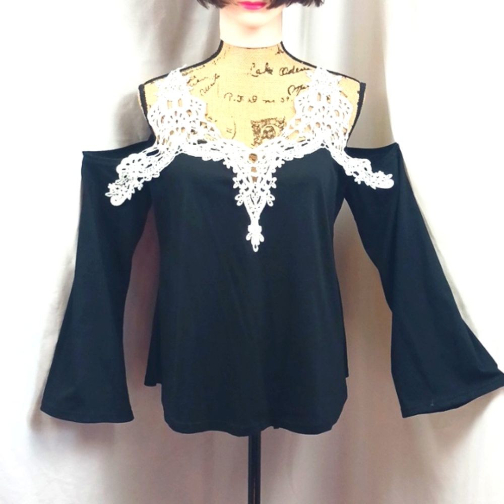 Nuoxi women's blouse off shoulder lace crochet top V neck Size XL